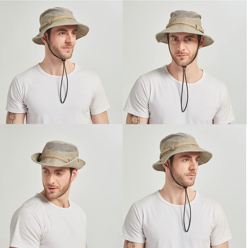 KeepSa Sun Hat for Men, Cotton Embroidery Summer Outdoor Sun Protection Wide Brim Bucket Hat Foldable Safari Boonie Hat Khaki - Image 5